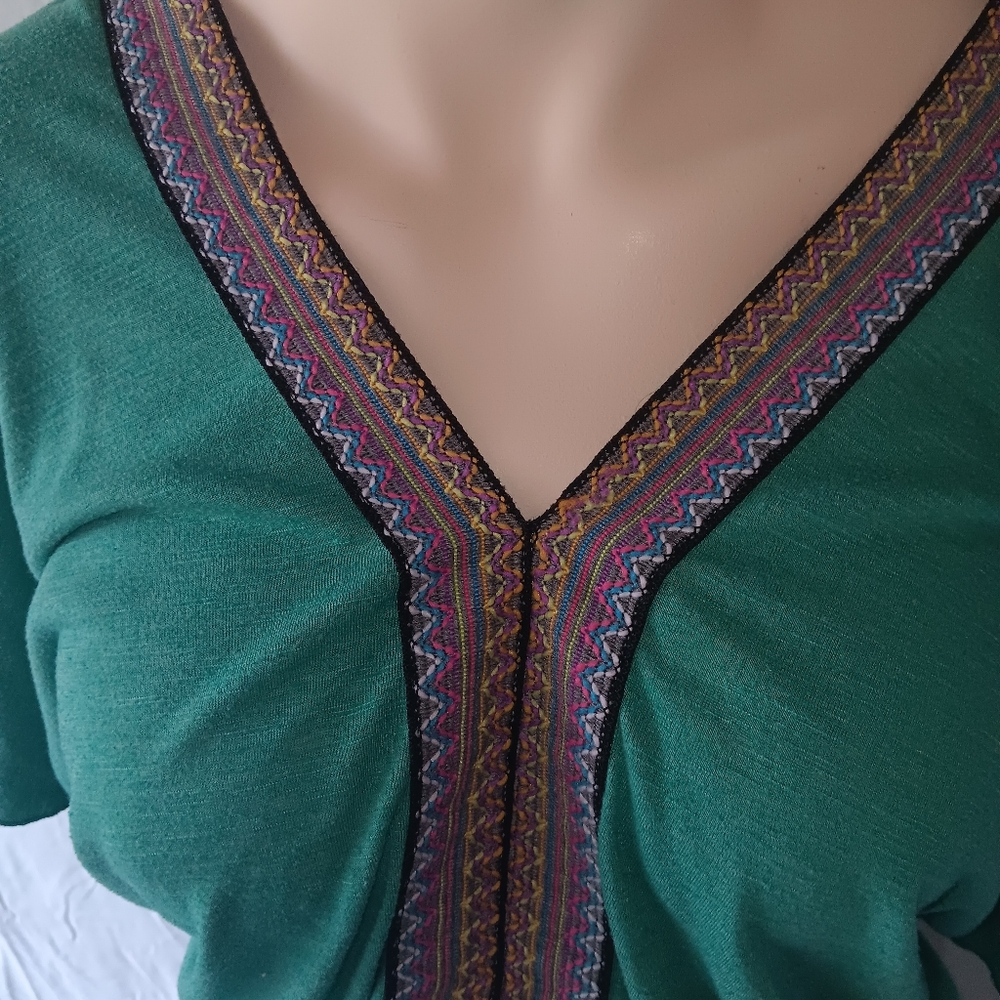 Green V-Neck Top with Embroidered Trim
